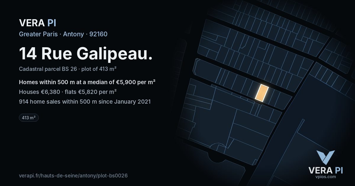 14 Rue Galipeau, Antony at night – the plot lit, the parcels around coloured by the prices near them