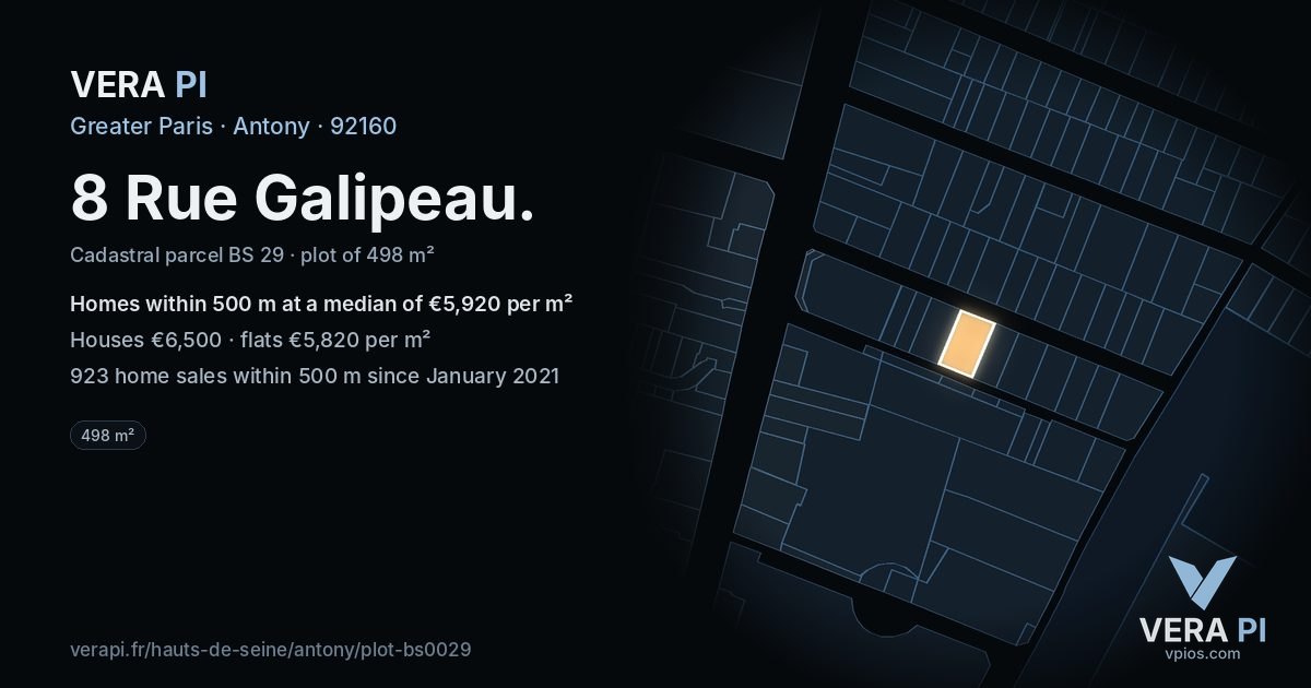 8 Rue Galipeau, Antony at night – the plot lit, the parcels around coloured by the prices near them