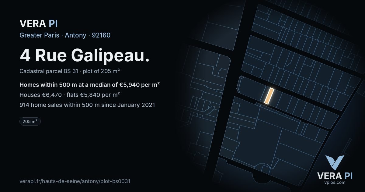 4 Rue Galipeau, Antony at night – the plot lit, the parcels around coloured by the prices near them