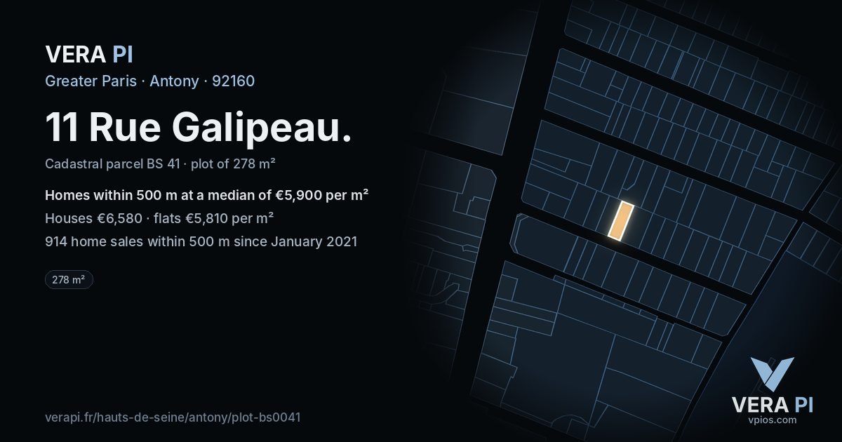 11 Rue Galipeau, Antony at night – the plot lit, the parcels around coloured by the prices near them