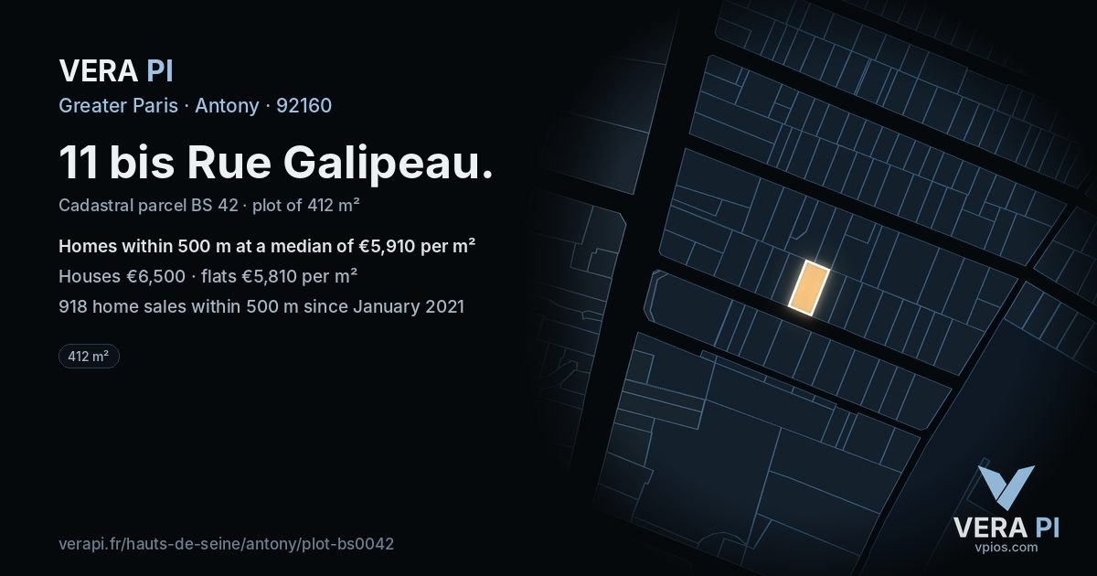 11 bis Rue Galipeau, Antony at night – the plot lit, the parcels around coloured by the prices near them