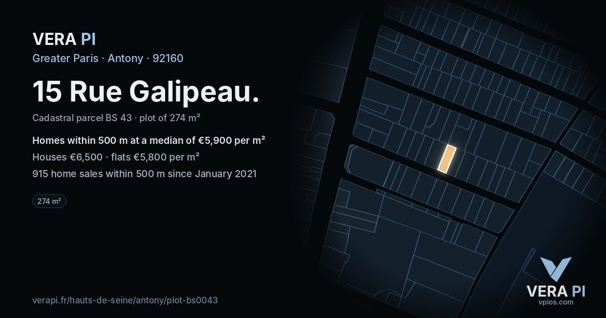 15 Rue Galipeau, Antony at night – the plot lit, the parcels around coloured by the prices near them