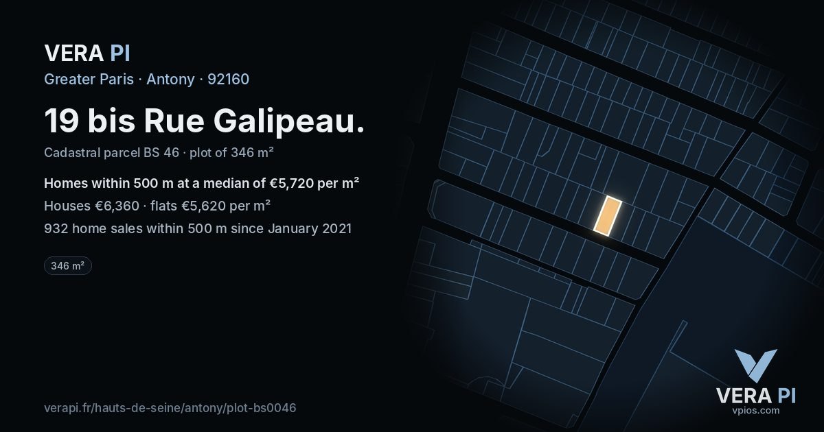 19 bis Rue Galipeau, Antony at night – the plot lit, the parcels around coloured by the prices near them