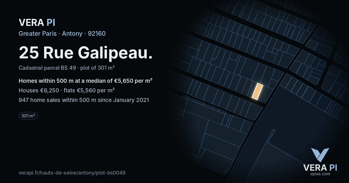 25 Rue Galipeau, Antony at night – the plot lit, the parcels around coloured by the prices near them