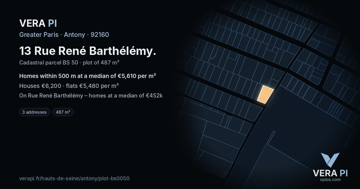 13 Rue René Barthélémy, Antony at night – the plot lit, the parcels around coloured by the prices near them