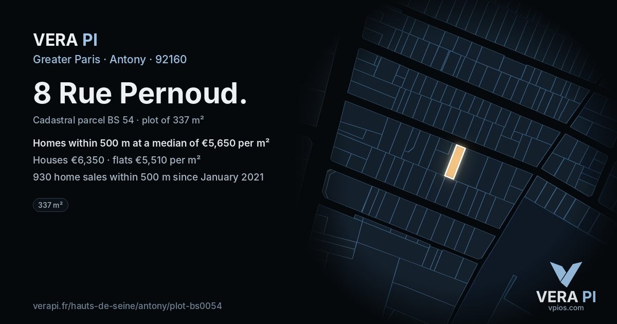 8 Rue Pernoud, Antony at night – the plot lit, the parcels around coloured by the prices near them