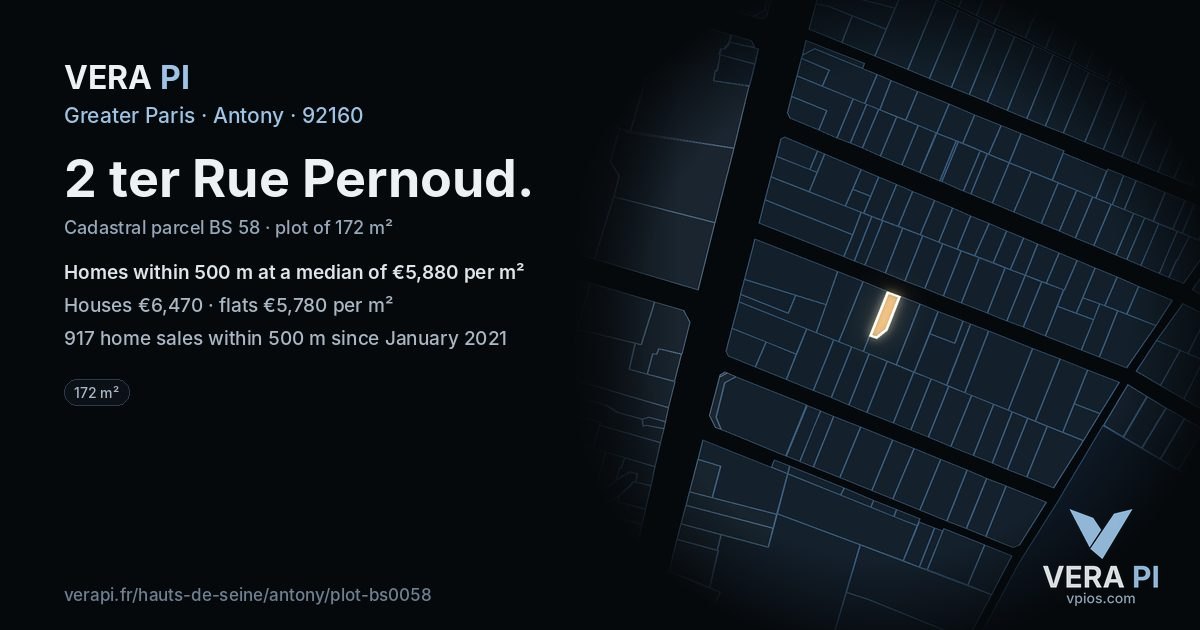 2 ter Rue Pernoud, Antony at night – the plot lit, the parcels around coloured by the prices near them