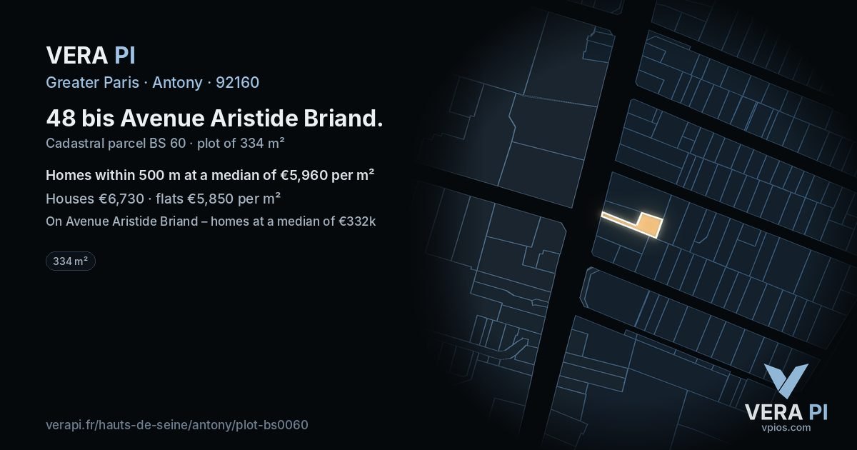 48 bis Avenue Aristide Briand, Antony at night – the plot lit, the parcels around coloured by the prices near them