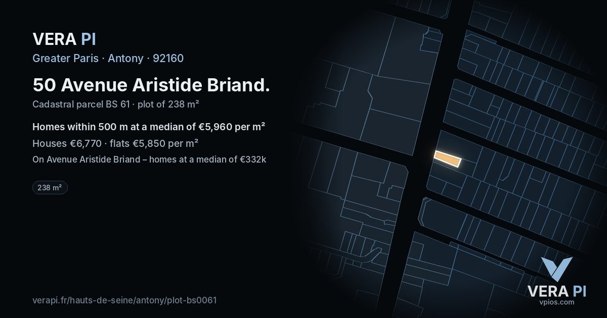 50 Avenue Aristide Briand, Antony at night – the plot lit, the parcels around coloured by the prices near them