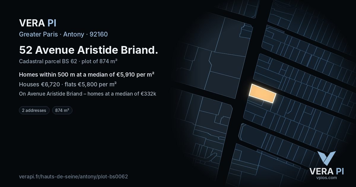 52 Avenue Aristide Briand, Antony at night – the plot lit, the parcels around coloured by the prices near them