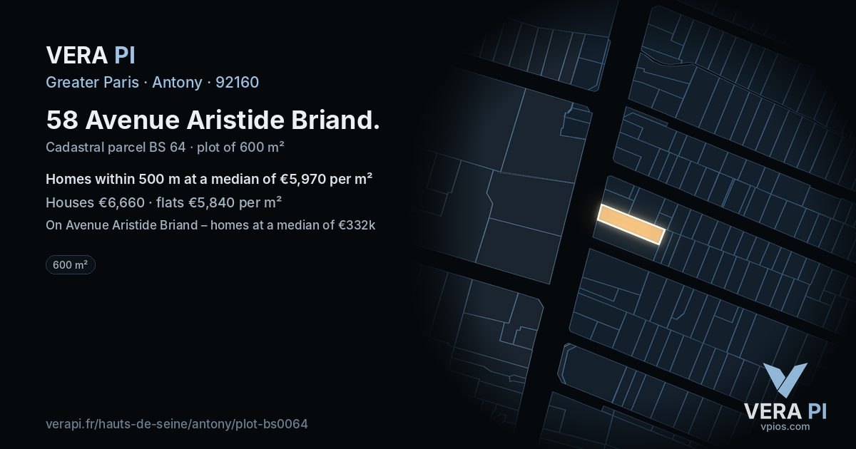 58 Avenue Aristide Briand, Antony at night – the plot lit, the parcels around coloured by the prices near them
