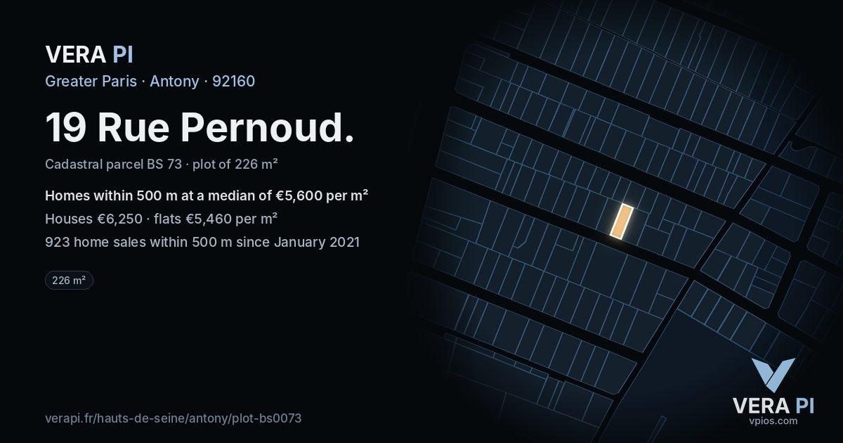 19 Rue Pernoud, Antony at night – the plot lit, the parcels around coloured by the prices near them