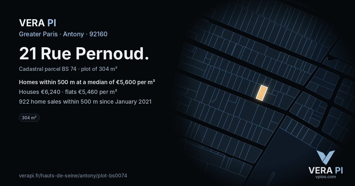 21 Rue Pernoud, Antony at night – the plot lit, the parcels around coloured by the prices near them