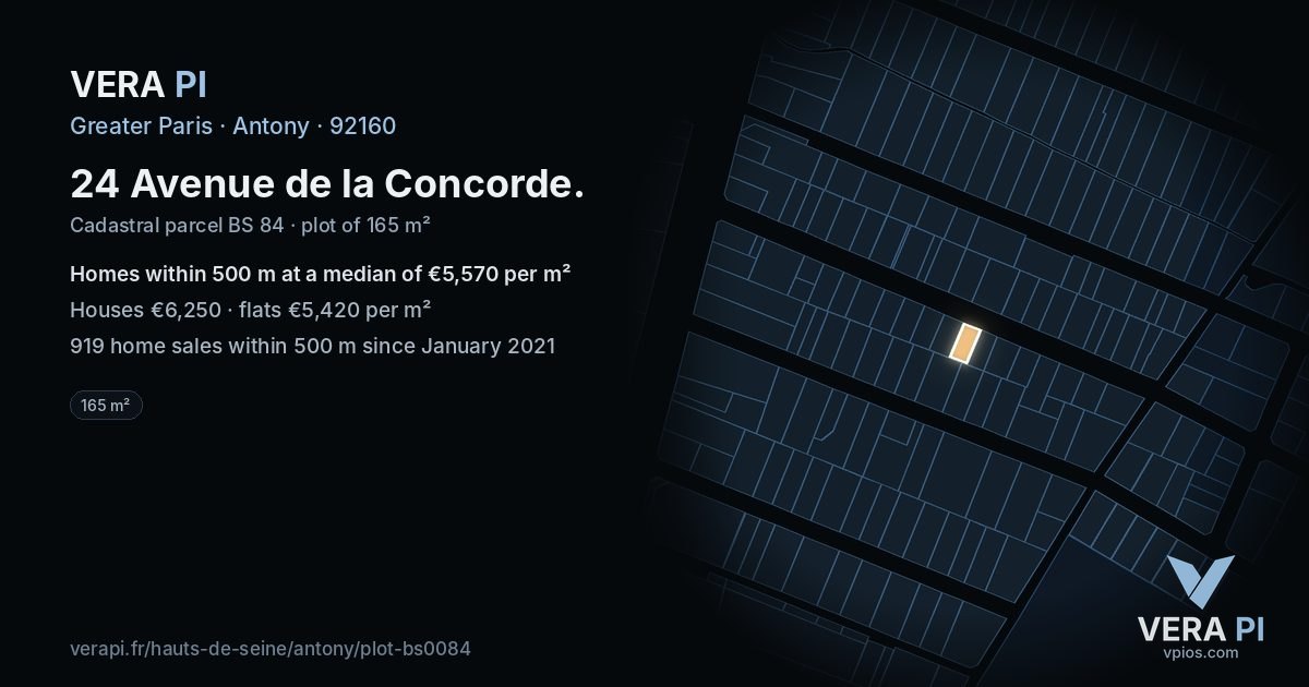 24 Avenue de la Concorde, Antony at night – the plot lit, the parcels around coloured by the prices near them