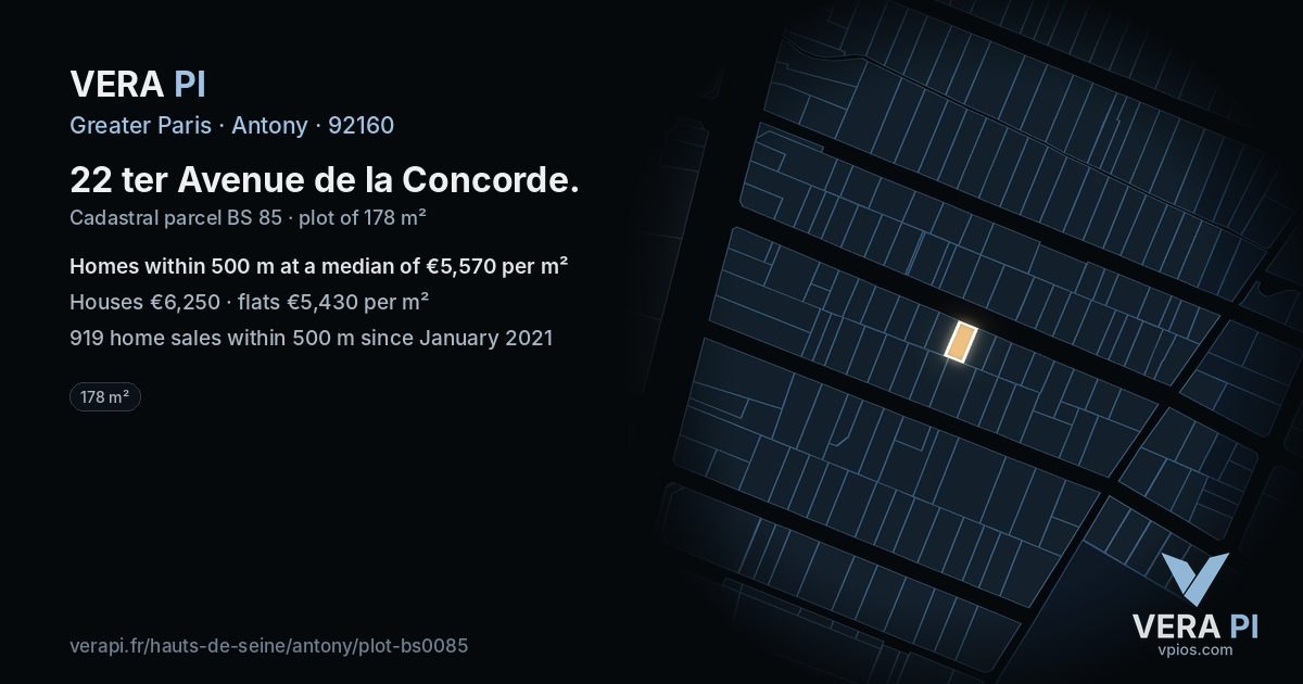 22 ter Avenue de la Concorde, Antony at night – the plot lit, the parcels around coloured by the prices near them