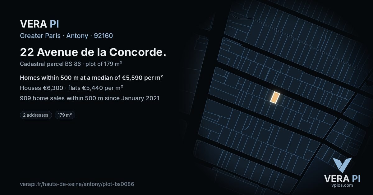 22 Avenue de la Concorde, Antony at night – the plot lit, the parcels around coloured by the prices near them