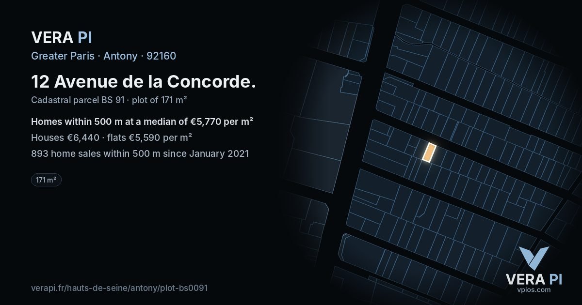 12 Avenue de la Concorde, Antony at night – the plot lit, the parcels around coloured by the prices near them