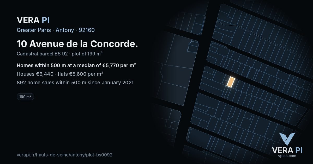 10 Avenue de la Concorde, Antony at night – the plot lit, the parcels around coloured by the prices near them