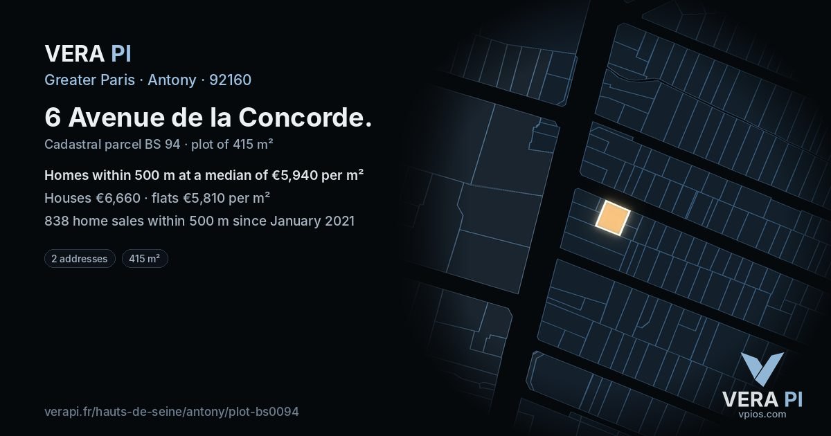 6 Avenue de la Concorde, Antony at night – the plot lit, the parcels around coloured by the prices near them