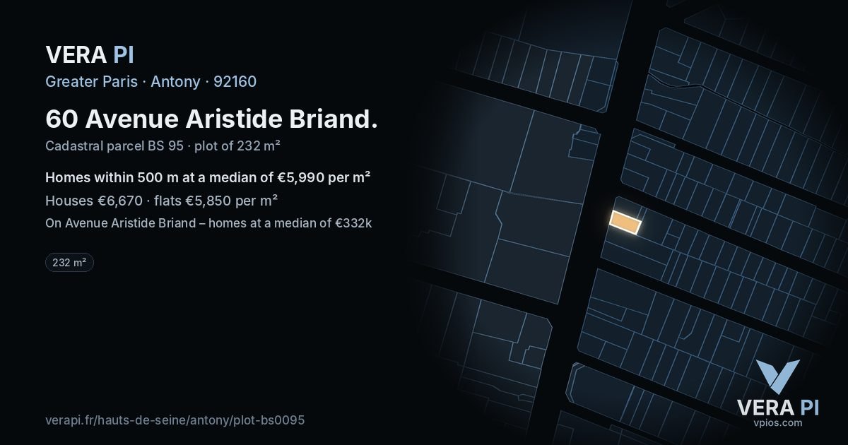 60 Avenue Aristide Briand, Antony at night – the plot lit, the parcels around coloured by the prices near them