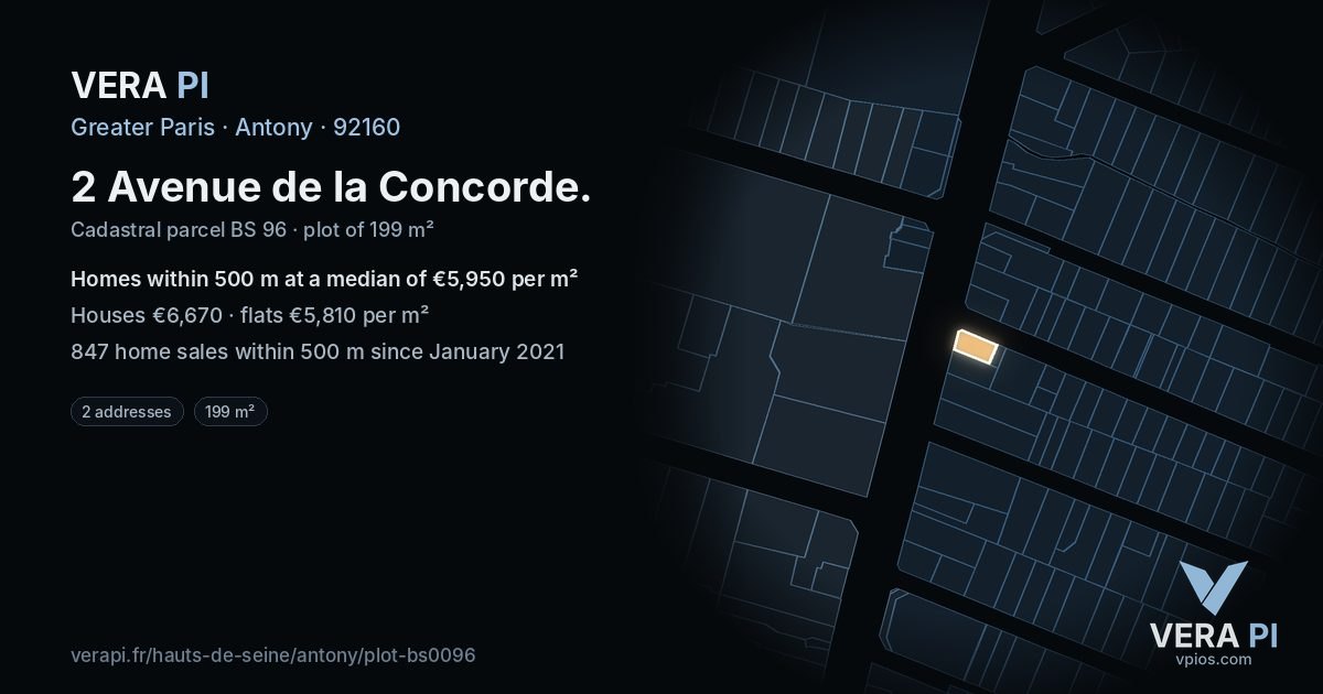 2 Avenue de la Concorde, Antony at night – the plot lit, the parcels around coloured by the prices near them