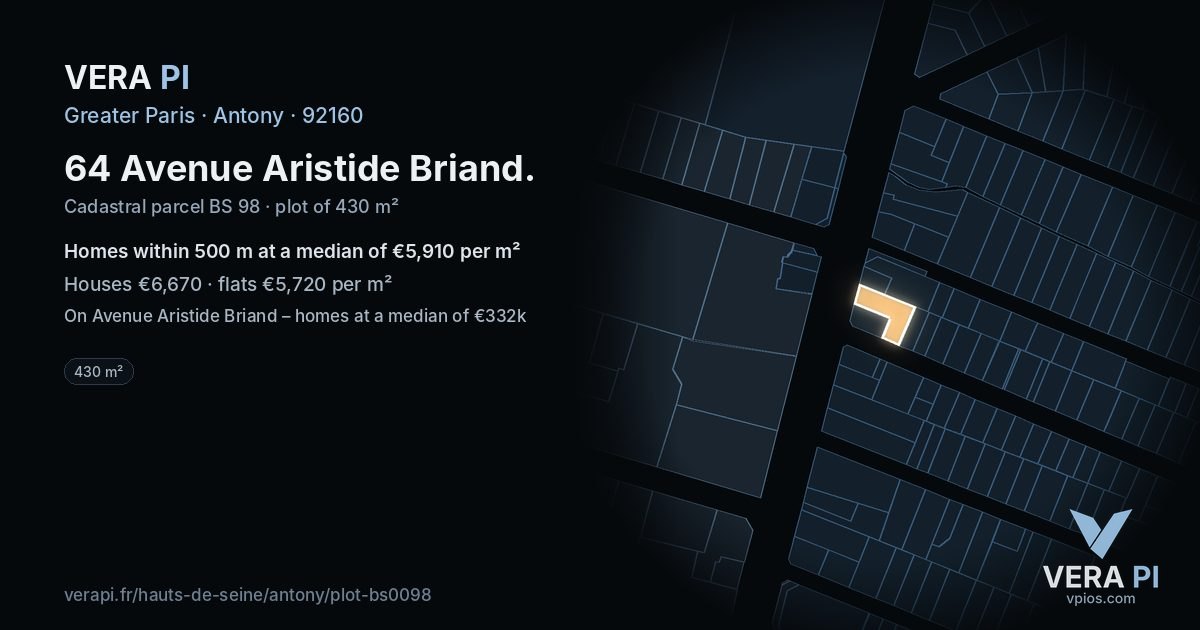 64 Avenue Aristide Briand, Antony at night – the plot lit, the parcels around coloured by the prices near them
