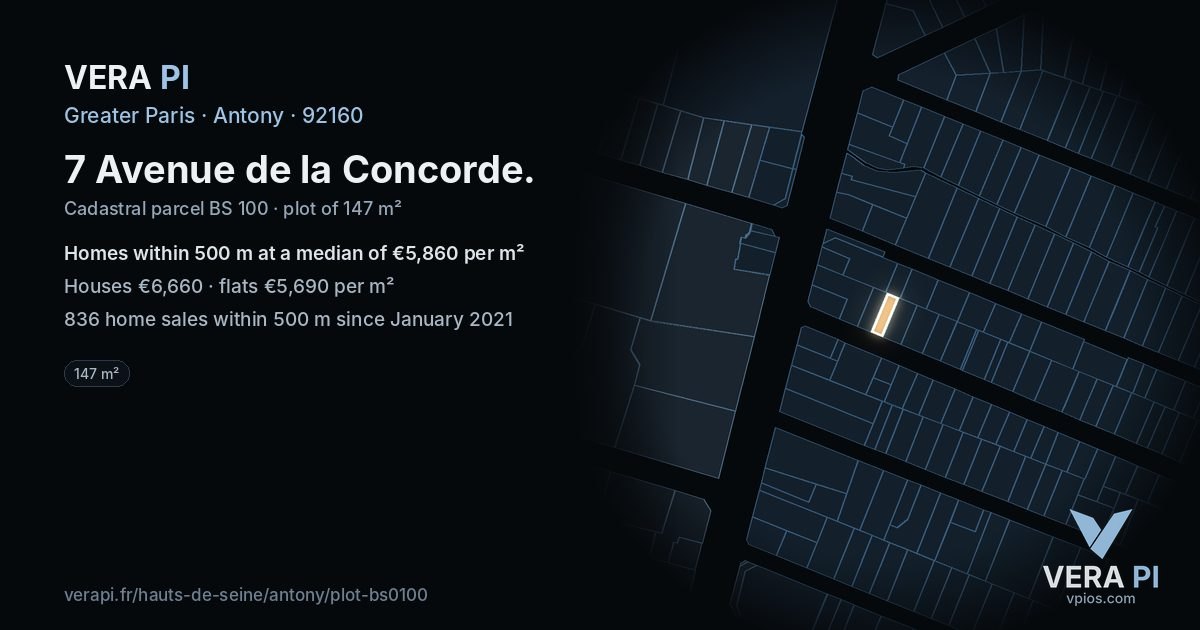 7 Avenue de la Concorde, Antony at night – the plot lit, the parcels around coloured by the prices near them