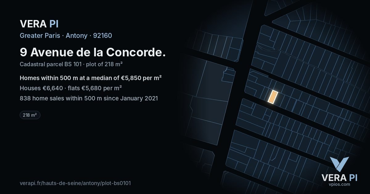 9 Avenue de la Concorde, Antony at night – the plot lit, the parcels around coloured by the prices near them