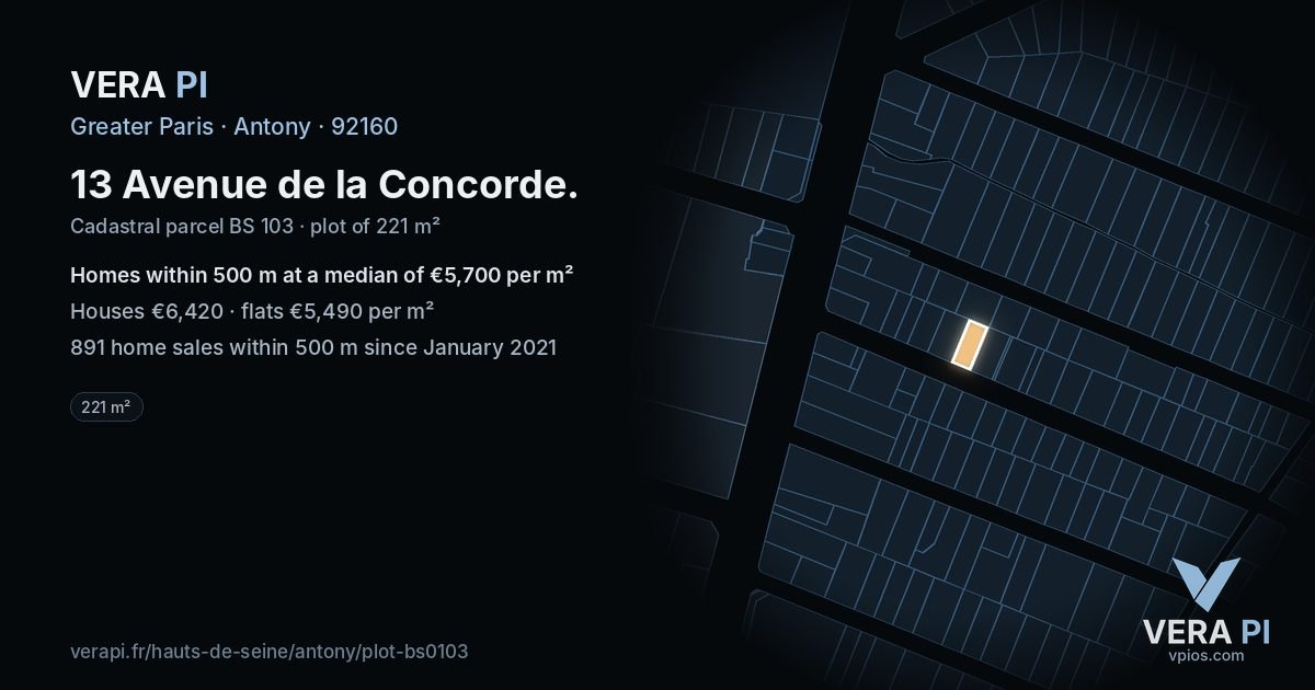 13 Avenue de la Concorde, Antony at night – the plot lit, the parcels around coloured by the prices near them
