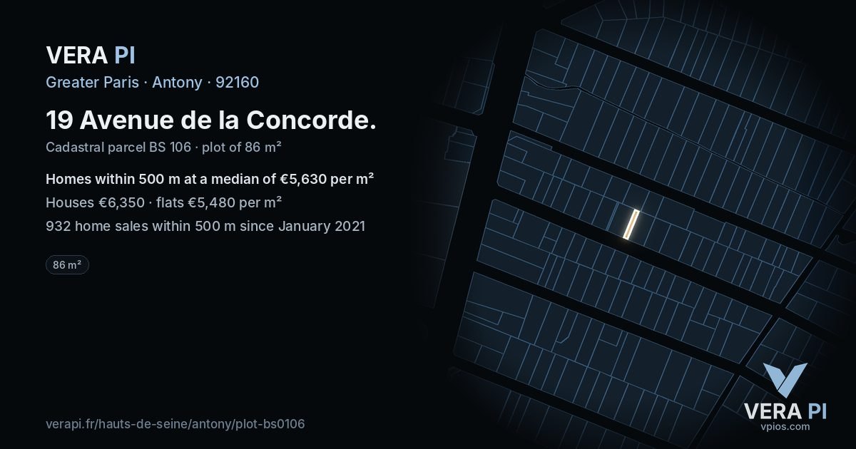 19 Avenue de la Concorde, Antony at night – the plot lit, the parcels around coloured by the prices near them