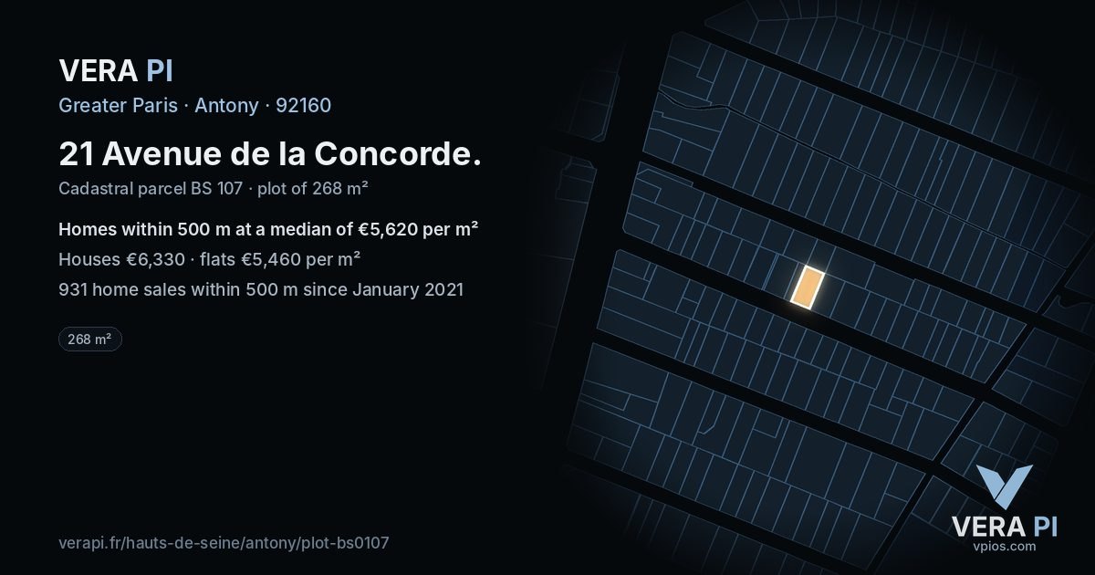 21 Avenue de la Concorde, Antony at night – the plot lit, the parcels around coloured by the prices near them