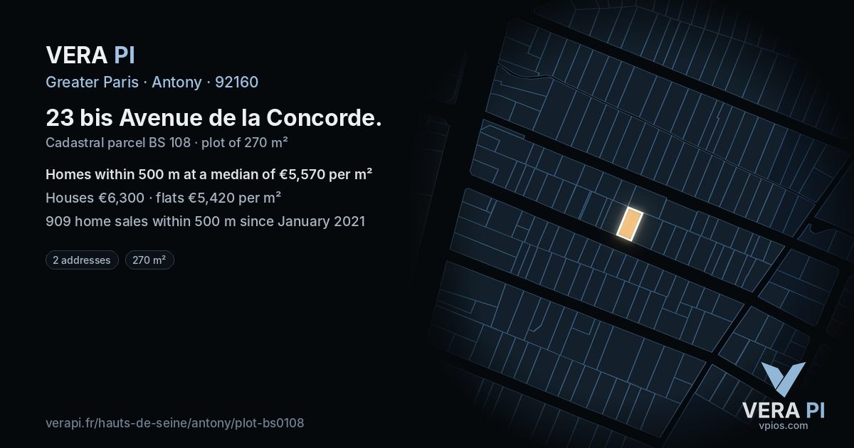 23 bis Avenue de la Concorde, Antony at night – the plot lit, the parcels around coloured by the prices near them
