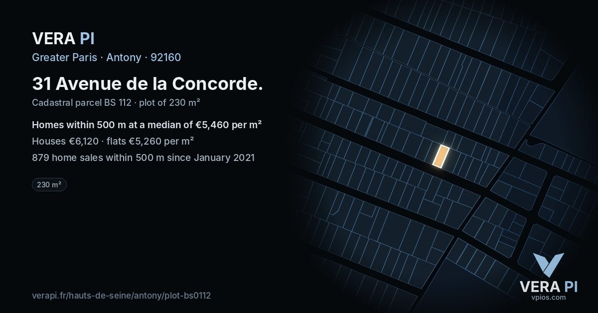 31 Avenue de la Concorde, Antony at night – the plot lit, the parcels around coloured by the prices near them