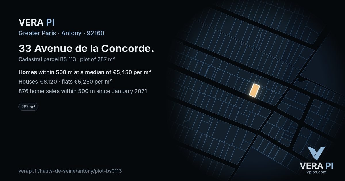 33 Avenue de la Concorde, Antony at night – the plot lit, the parcels around coloured by the prices near them