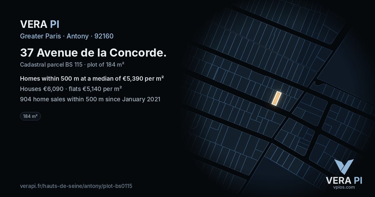 37 Avenue de la Concorde, Antony at night – the plot lit, the parcels around coloured by the prices near them