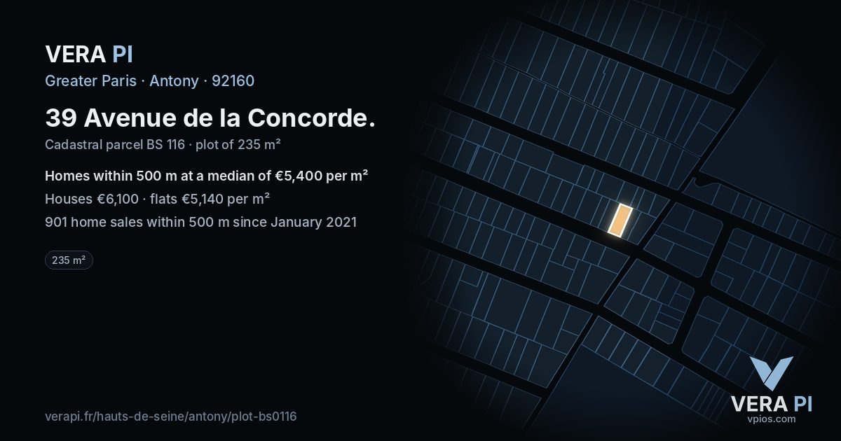 39 Avenue de la Concorde, Antony at night – the plot lit, the parcels around coloured by the prices near them