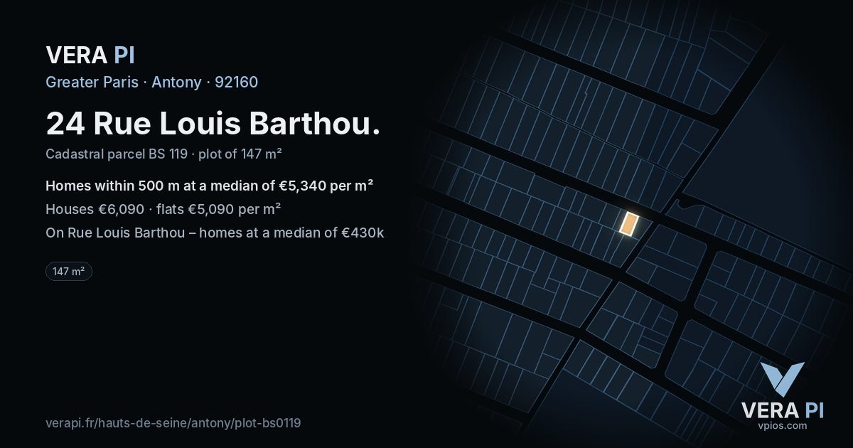 24 Rue Louis Barthou, Antony at night – the plot lit, the parcels around coloured by the prices near them