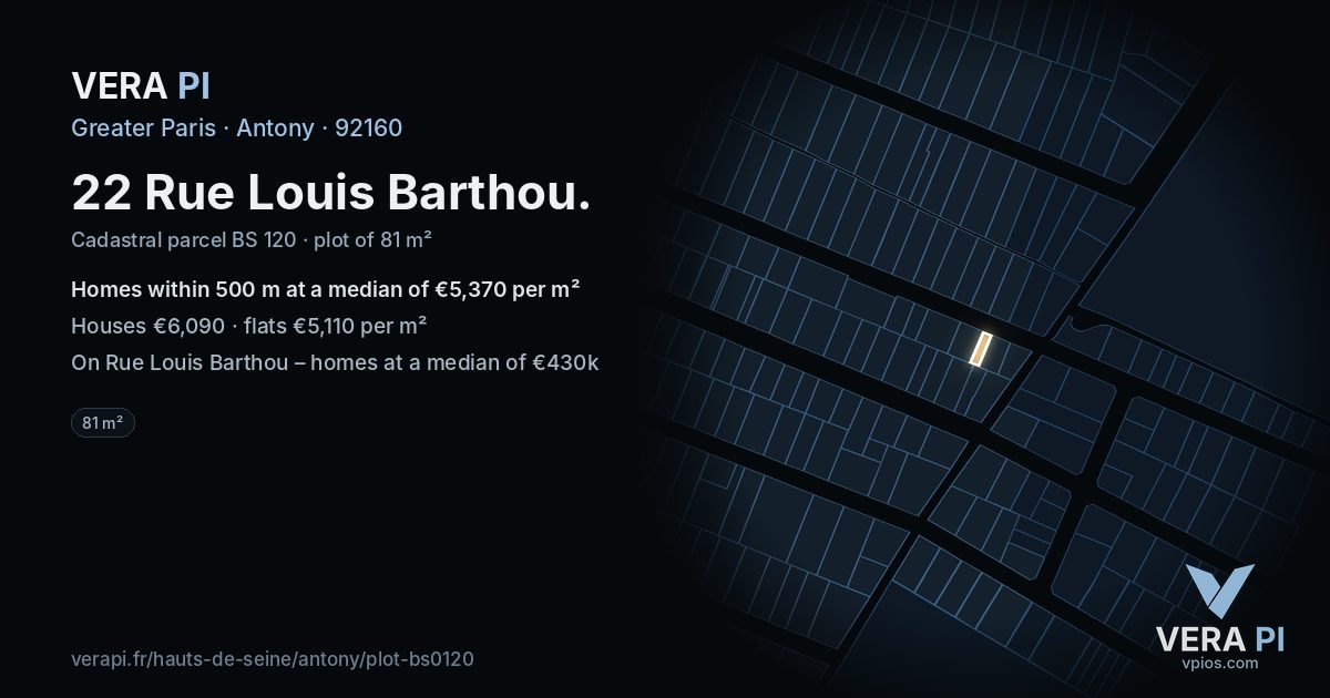 22 Rue Louis Barthou, Antony at night – the plot lit, the parcels around coloured by the prices near them