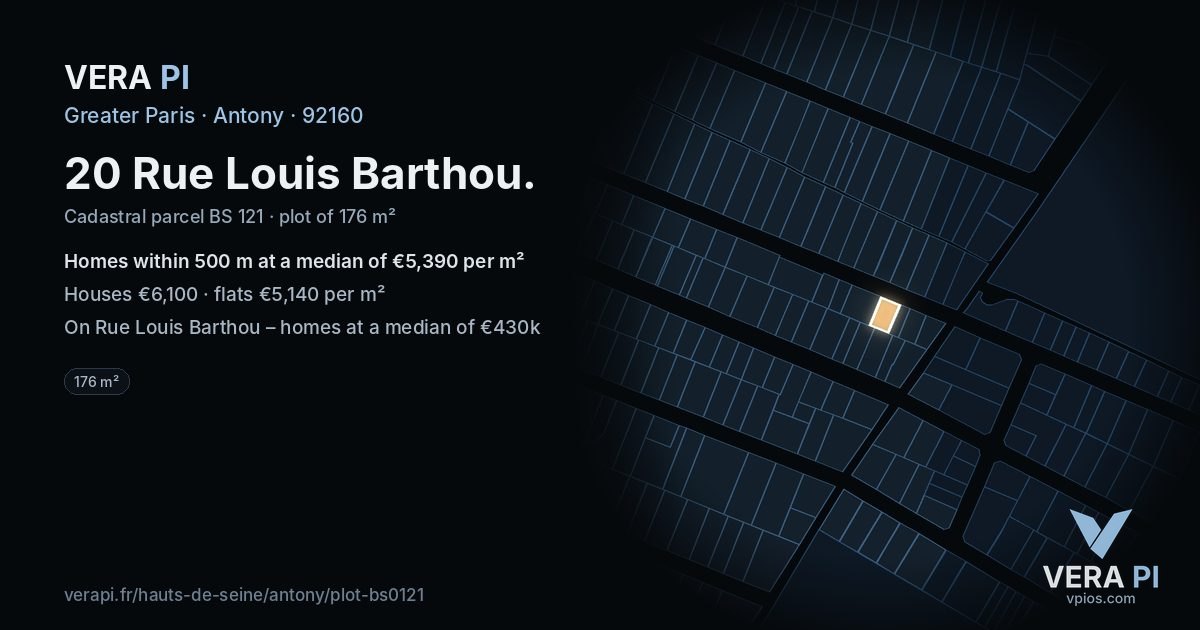 20 Rue Louis Barthou, Antony at night – the plot lit, the parcels around coloured by the prices near them