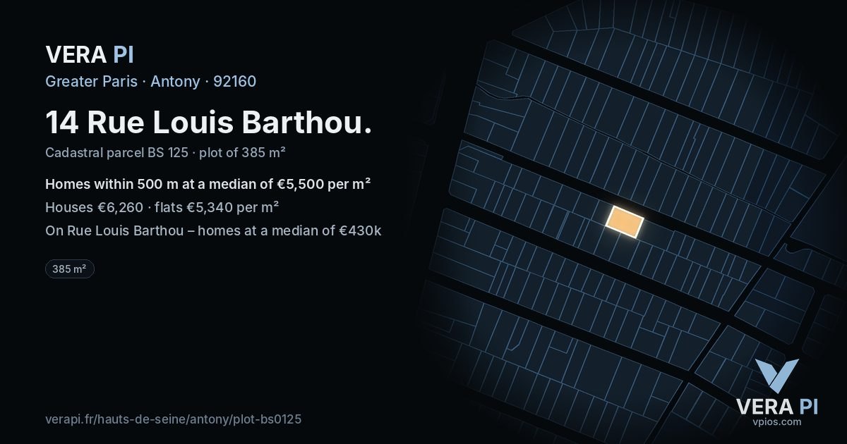 14 Rue Louis Barthou, Antony at night – the plot lit, the parcels around coloured by the prices near them
