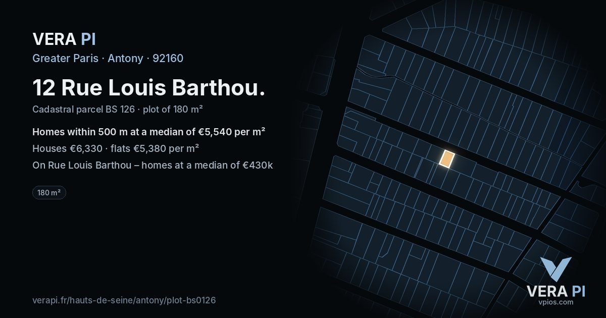 12 Rue Louis Barthou, Antony at night – the plot lit, the parcels around coloured by the prices near them