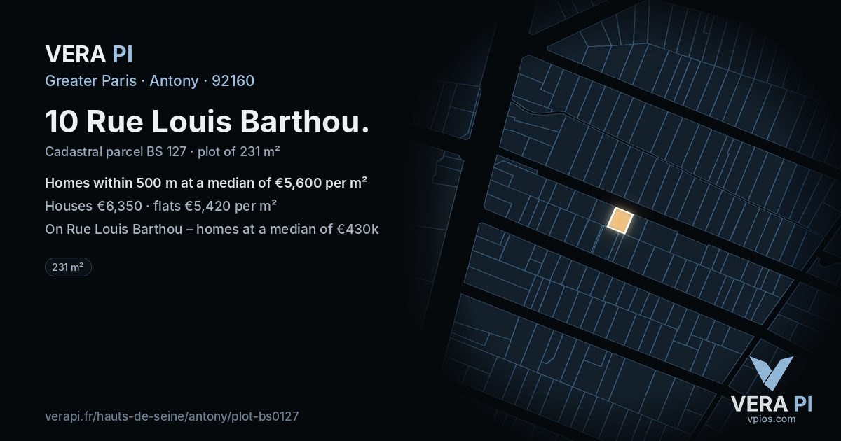 10 Rue Louis Barthou, Antony at night – the plot lit, the parcels around coloured by the prices near them