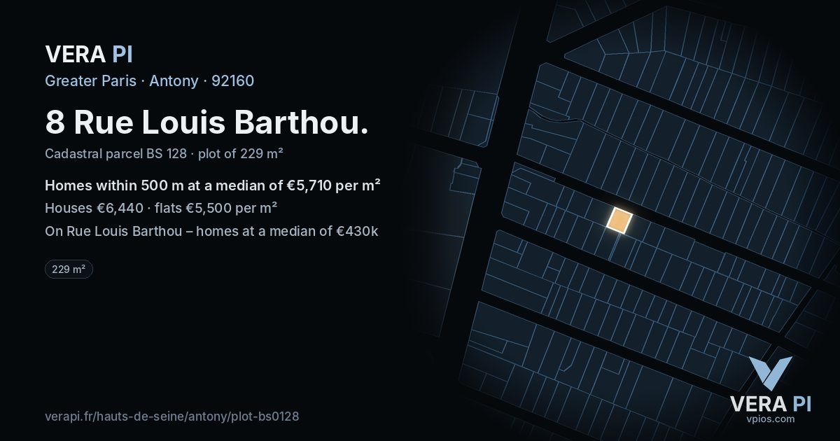 8 Rue Louis Barthou, Antony at night – the plot lit, the parcels around coloured by the prices near them
