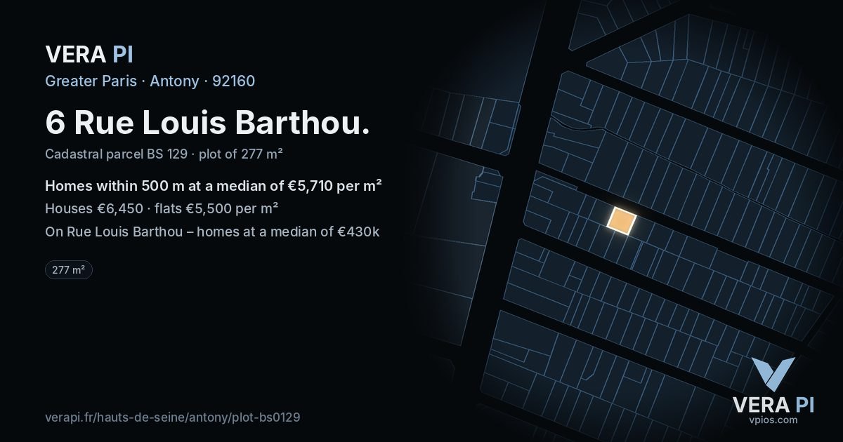 6 Rue Louis Barthou, Antony at night – the plot lit, the parcels around coloured by the prices near them