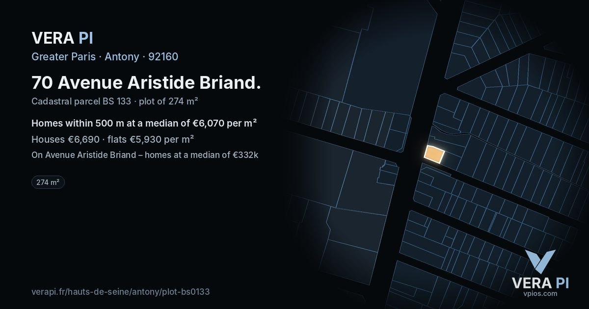70 Avenue Aristide Briand, Antony at night – the plot lit, the parcels around coloured by the prices near them
