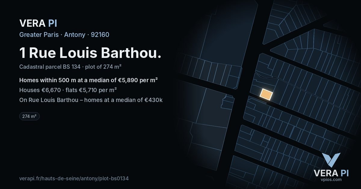 1 Rue Louis Barthou, Antony at night – the plot lit, the parcels around coloured by the prices near them