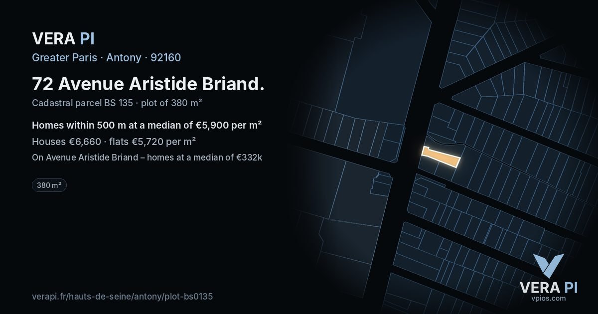 72 Avenue Aristide Briand, Antony at night – the plot lit, the parcels around coloured by the prices near them