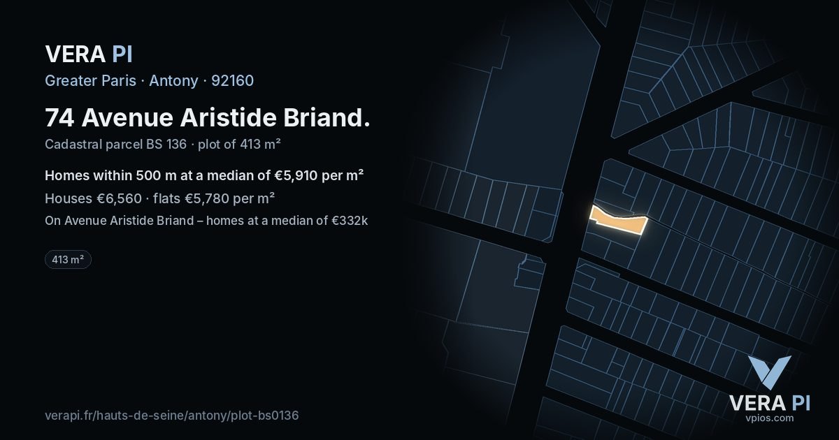 74 Avenue Aristide Briand, Antony at night – the plot lit, the parcels around coloured by the prices near them