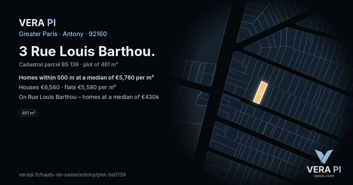 3 Rue Louis Barthou, Antony at night – the plot lit, the parcels around coloured by the prices near them