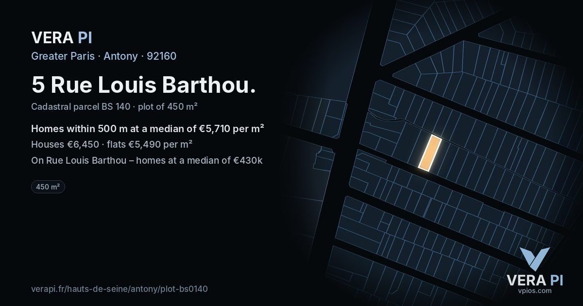 5 Rue Louis Barthou, Antony at night – the plot lit, the parcels around coloured by the prices near them